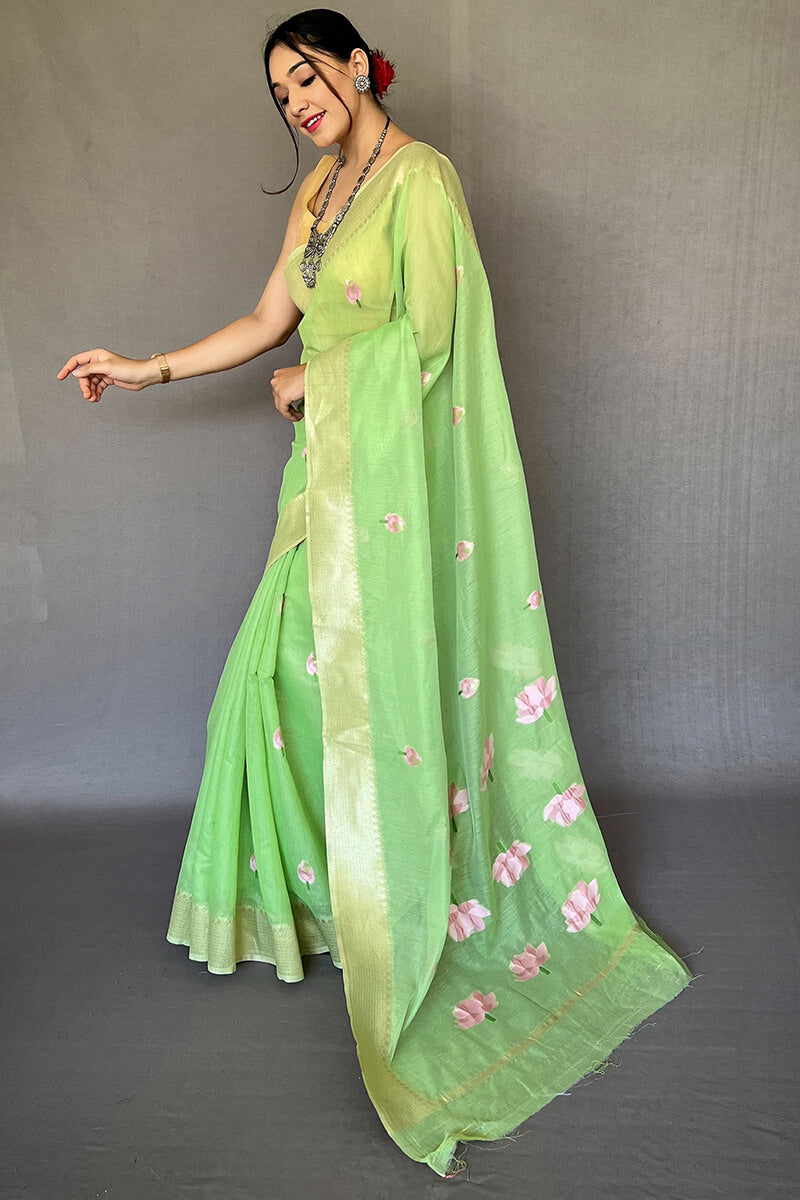 Slime Green Printed Linen Saree