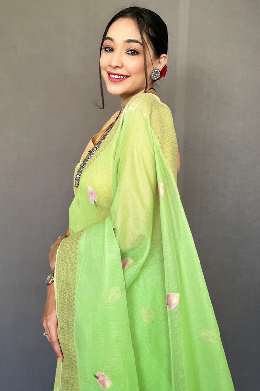 Slime Green Printed Linen Saree