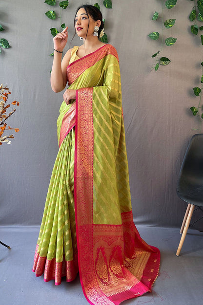 Slime Green Zari Woven Organza Silk Saree