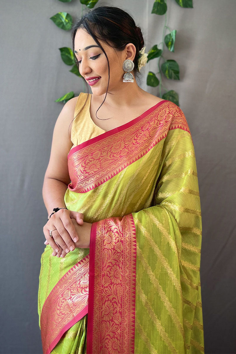 Slime Green Zari Woven Organza Silk Saree