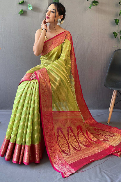 Slime Green Zari Woven Organza Silk Saree