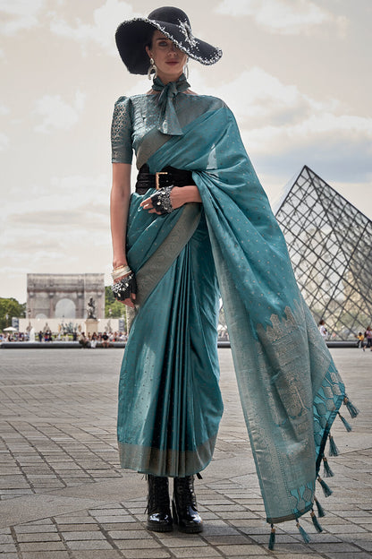 Smalt Blue Zari Woven Banarasi Satin Silk Saree