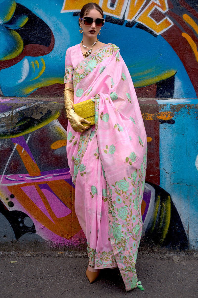 Soft Pink Parsi Woven Banarasi Silk Saree