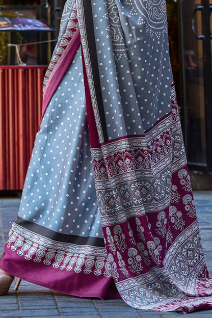 Steel Grey Printed Satin Silk Saree