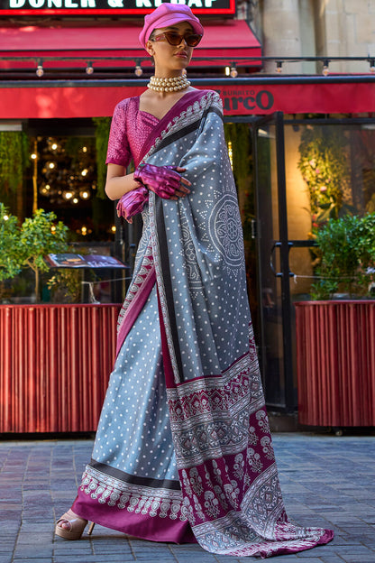 Steel Grey Printed Satin Silk Saree