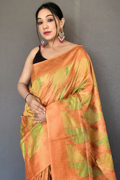 Tan Green Banarasi Tissue Silk Saree