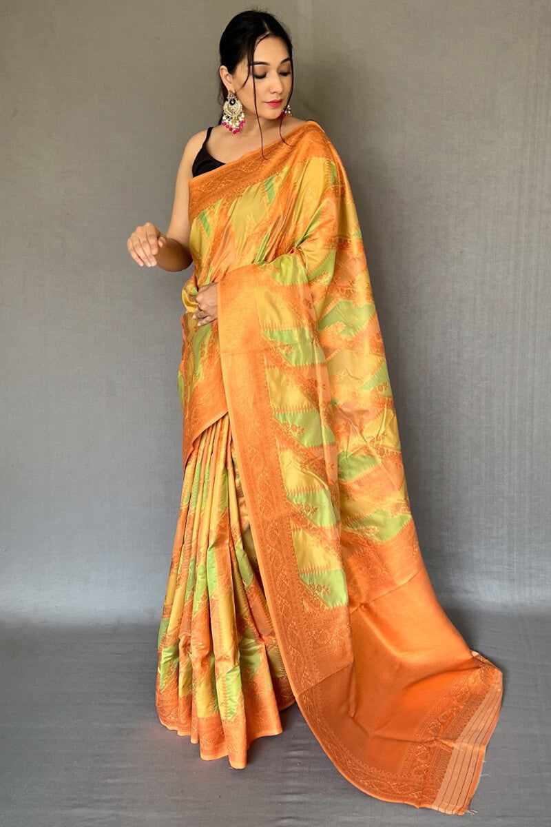 Tan Green Banarasi Tissue Silk Saree