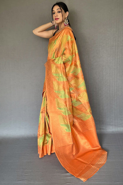 Tan Green Banarasi Tissue Silk Saree
