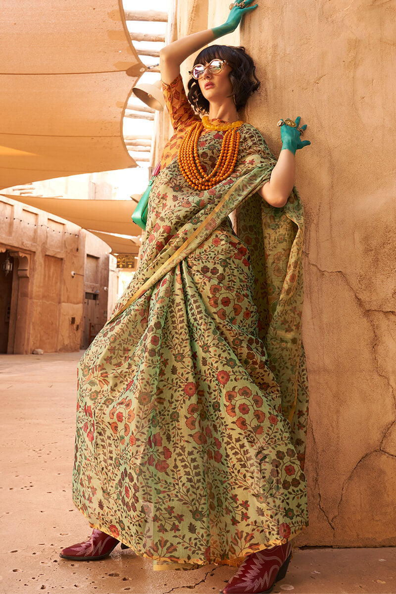 Tan Green Printed Tissue Silk Saree