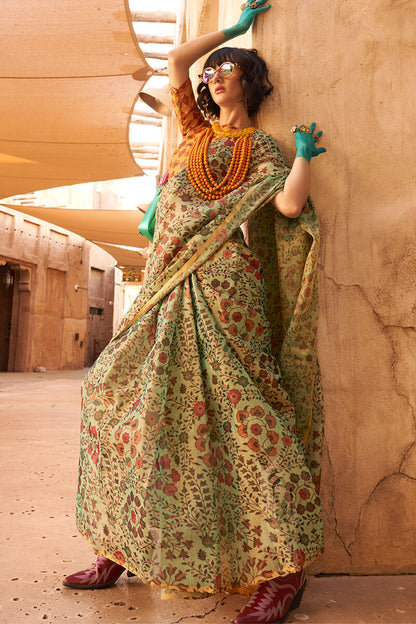 Tan Green Printed Tissue Silk Saree
