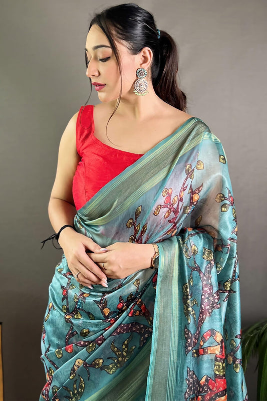 Teal Blue Kalamkari Printed Soft Silk Saree
