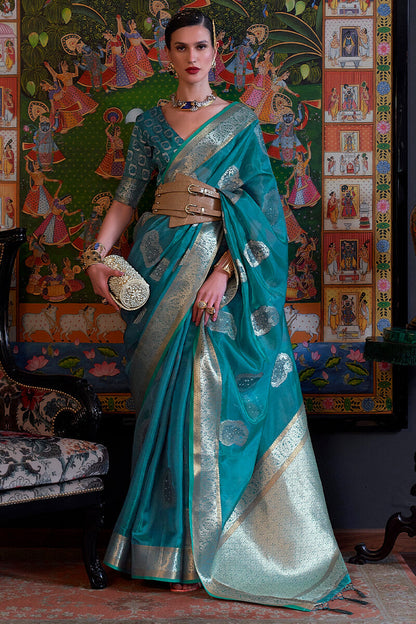 Teal Blue Zari Woven Organza Silk Saree