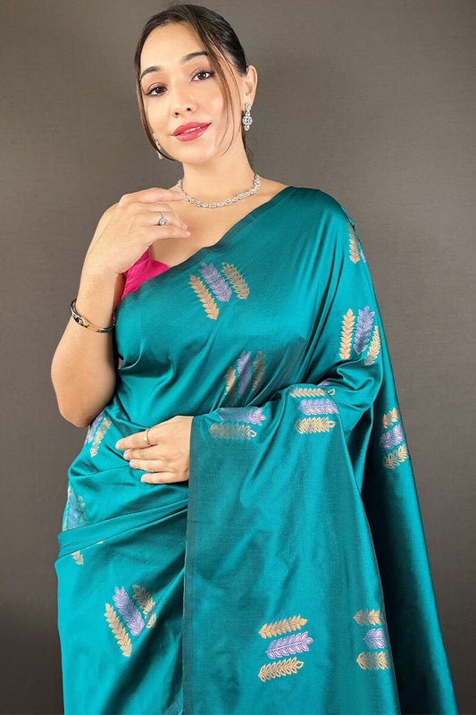 Teal Blue Zari Woven Soft Silk Saree