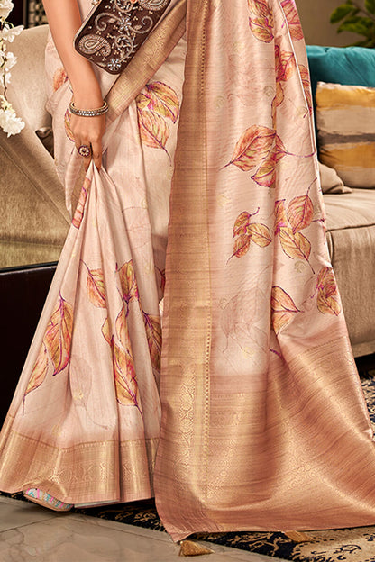 Thatch Beige Printed Soft Silk Saree