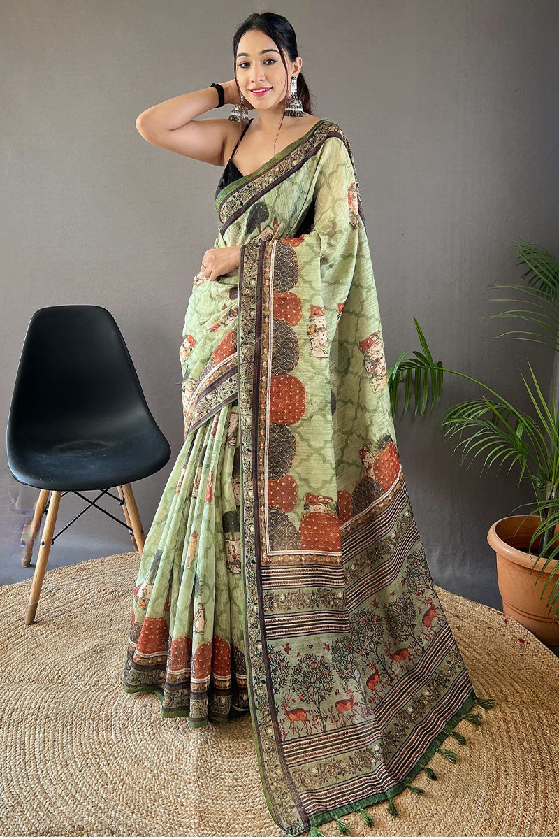 Thistle Green Printed Tussar Silk Saree