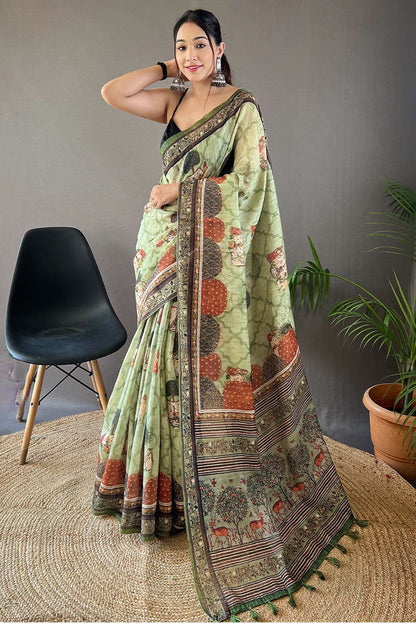 Thistle Green Printed Tussar Silk Saree