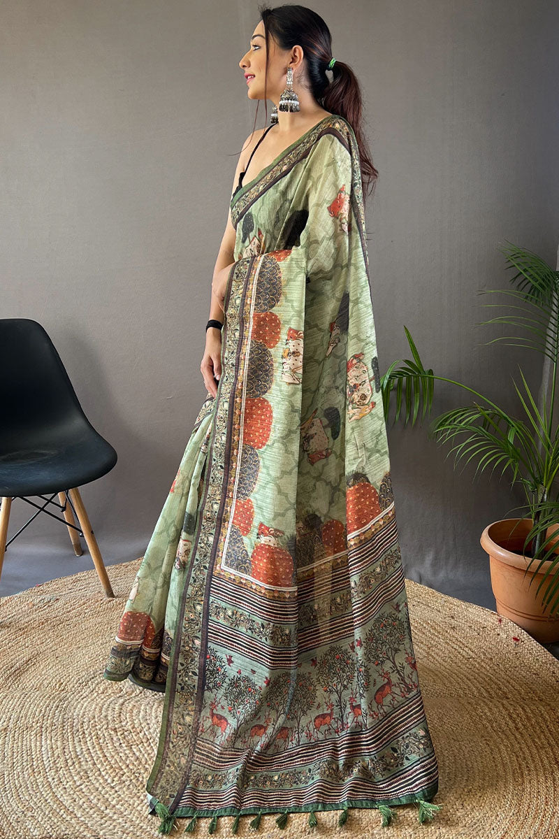 Thistle Green Printed Tussar Silk Saree