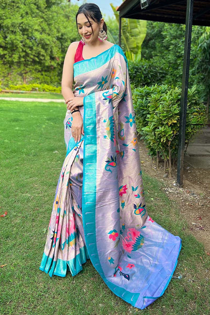 Tiffany Blue Zari Woven Paithani Silk Saree