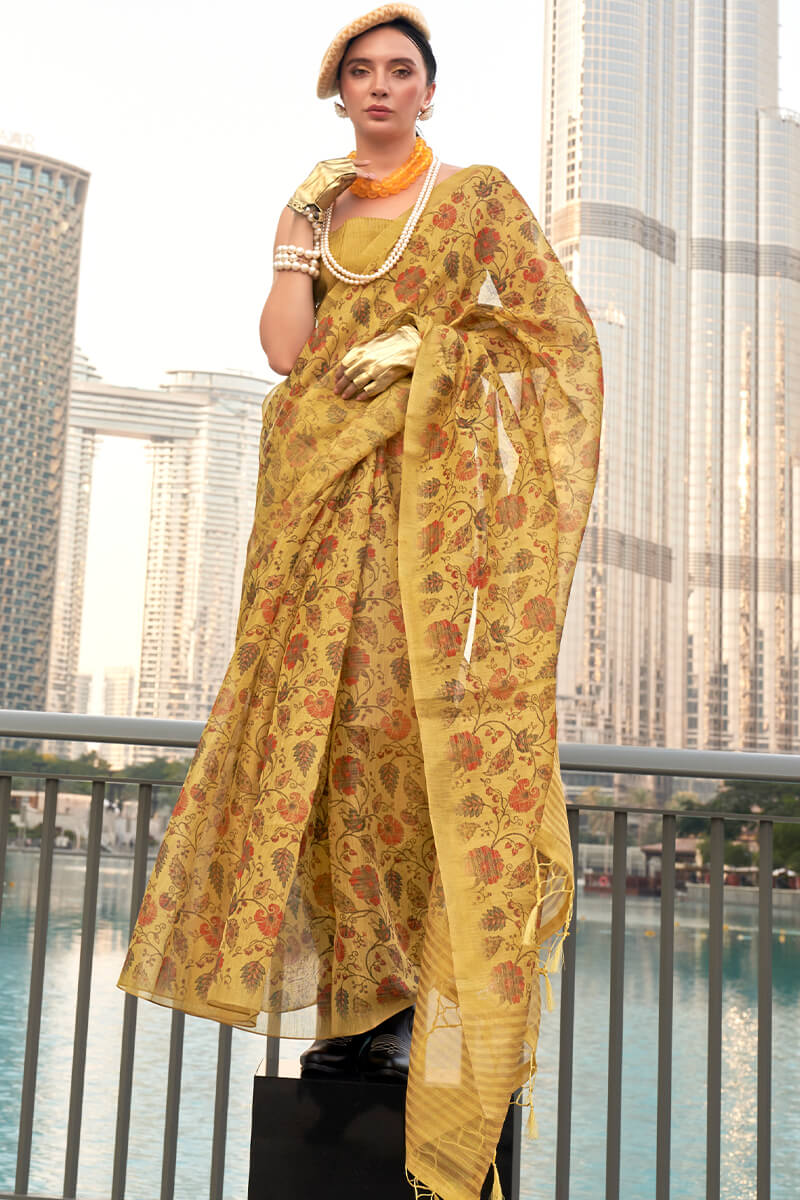 Turmeric Yellow Printed Tissue Silk Saree