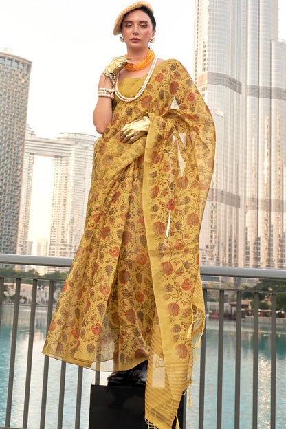 Turmeric Yellow Printed Tissue Silk Saree