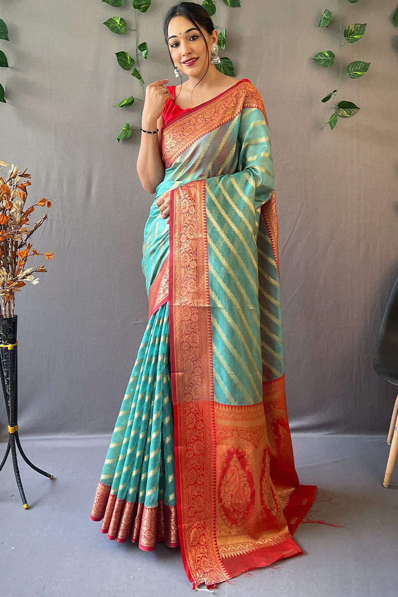 Turquoise Blue Zari Woven Organza Silk Saree