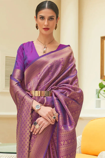 Warm Purple Zari Woven and Sequence Work Kanjivaram Silk Saree