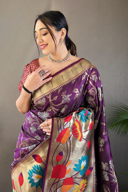Eggplant Soft Paithani Silk Saree with Traditional Patterns