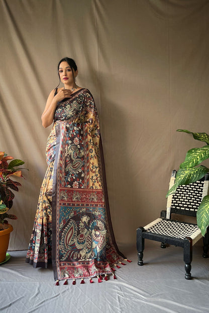 Lemon Yellow Kalamkari Digital Printed Soft Cotton Saree