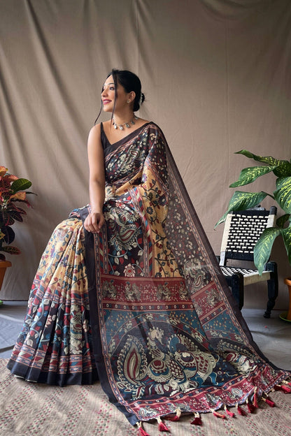 Lemon Yellow Kalamkari Digital Printed Soft Cotton Saree